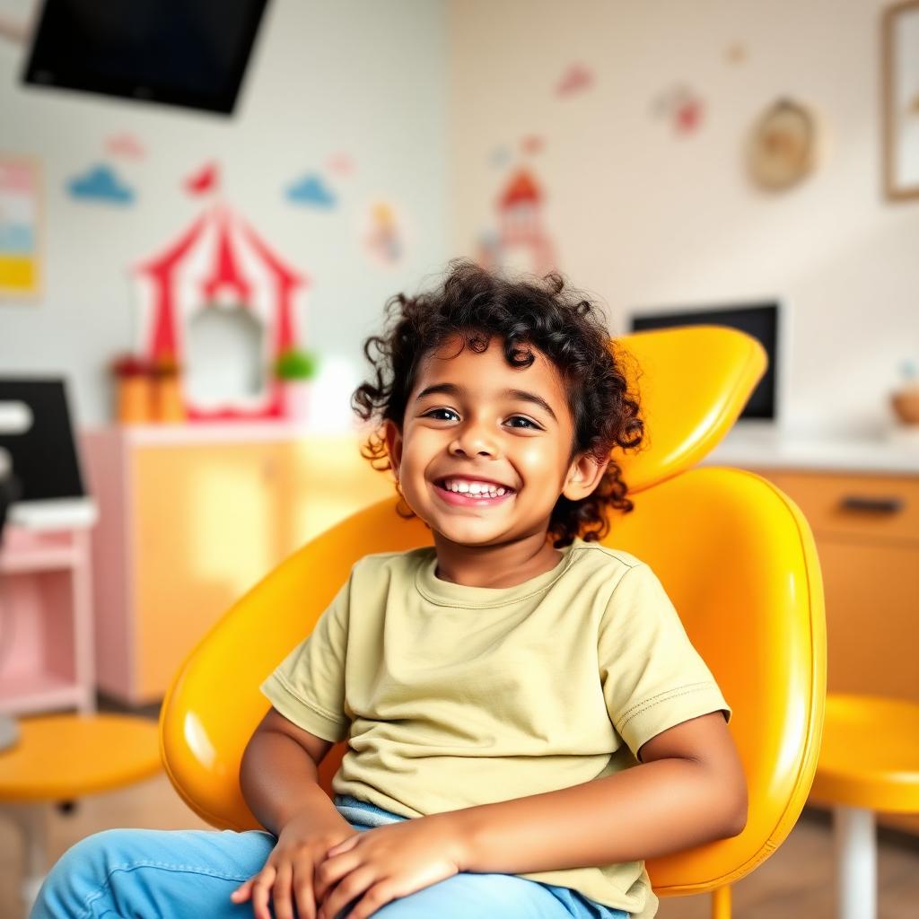 Criança sorrindo na cadeira da clínica